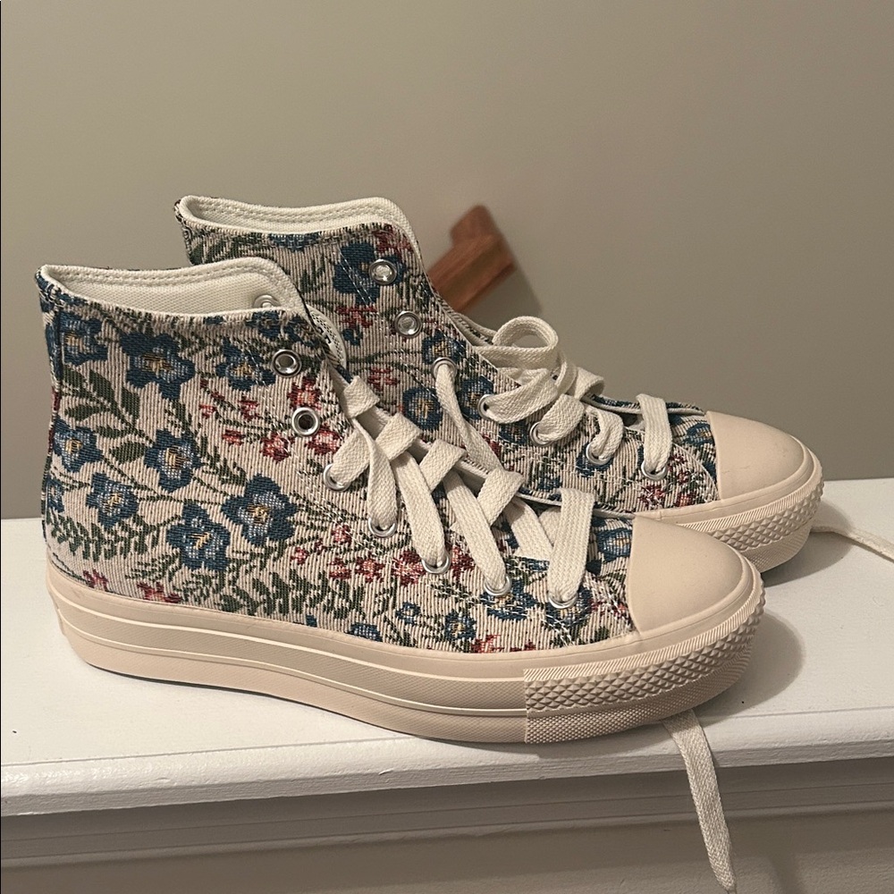 Converse Floral High-Top Sneakers - Cream, Blue, and Red